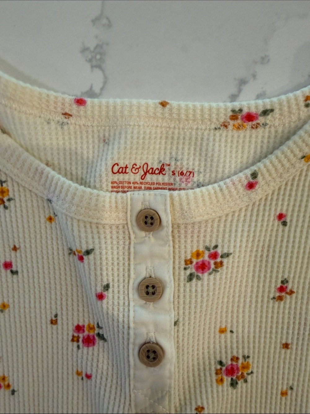 Cat & Jack Cream Long Sleeve Henley Tee with Pink & Yellow Floral Print - Picture 2 of 3